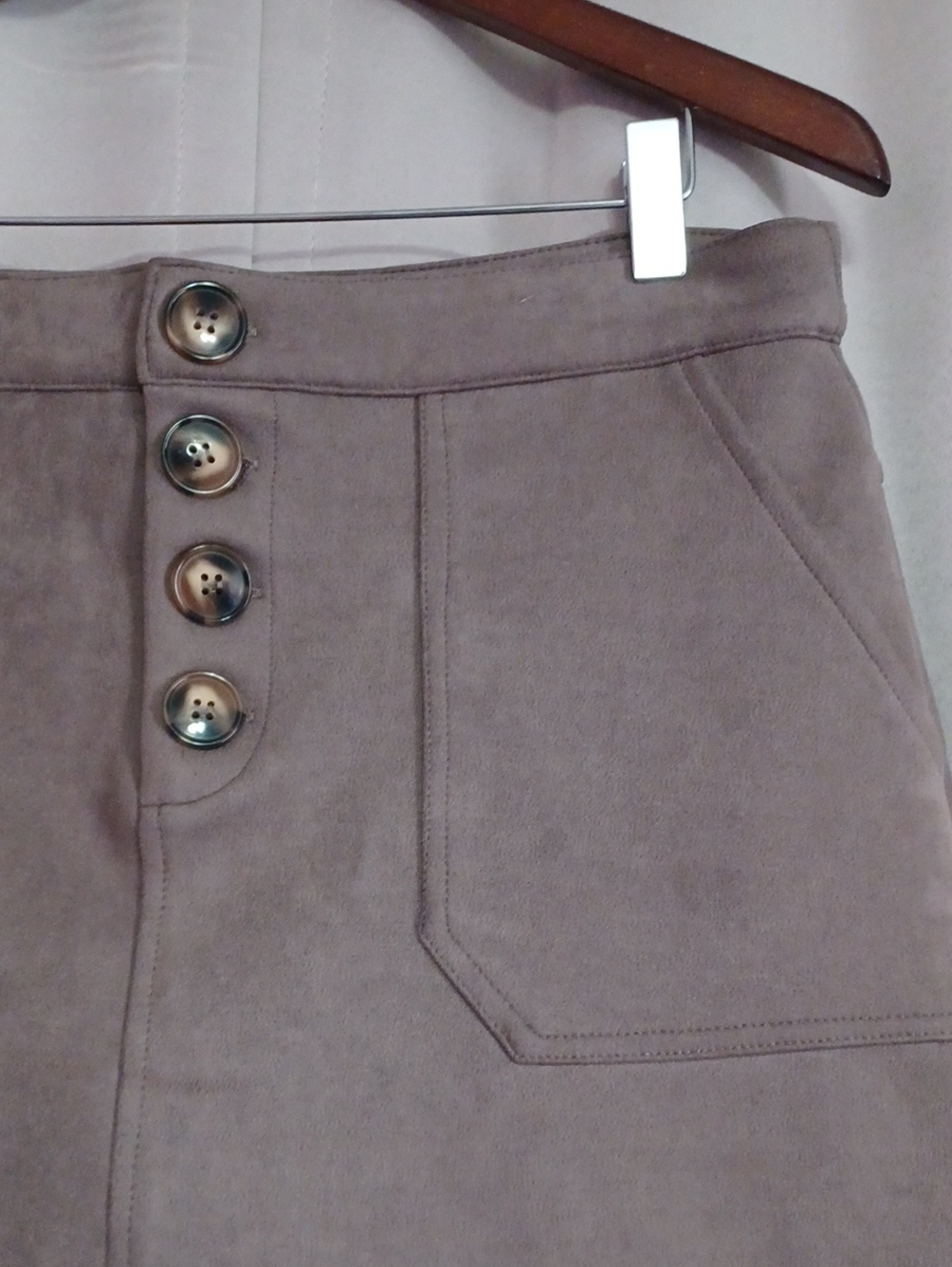 HYFVE Taupe Faux Suede A-Line Mini Skirt Button Closure Pockets High Waisted - Picture 5 of 16